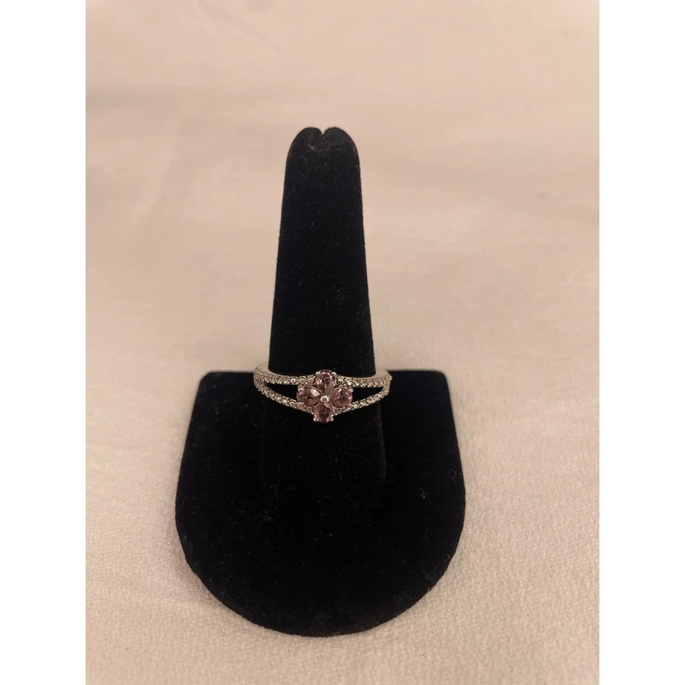 Sterling Silver Pink Flower Ring Oval Gemstone Split Shank Pavé Band Size 7